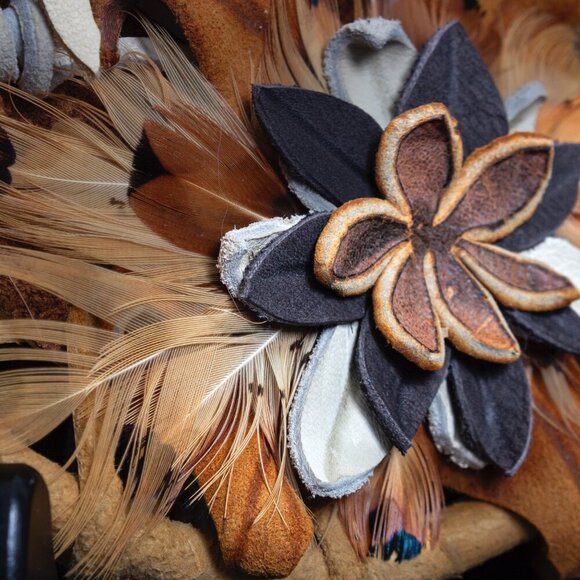 Custom Wall Hanging | Handcrafted Leather & Feather Floral Wall Art Duo - Picture 4 of 12